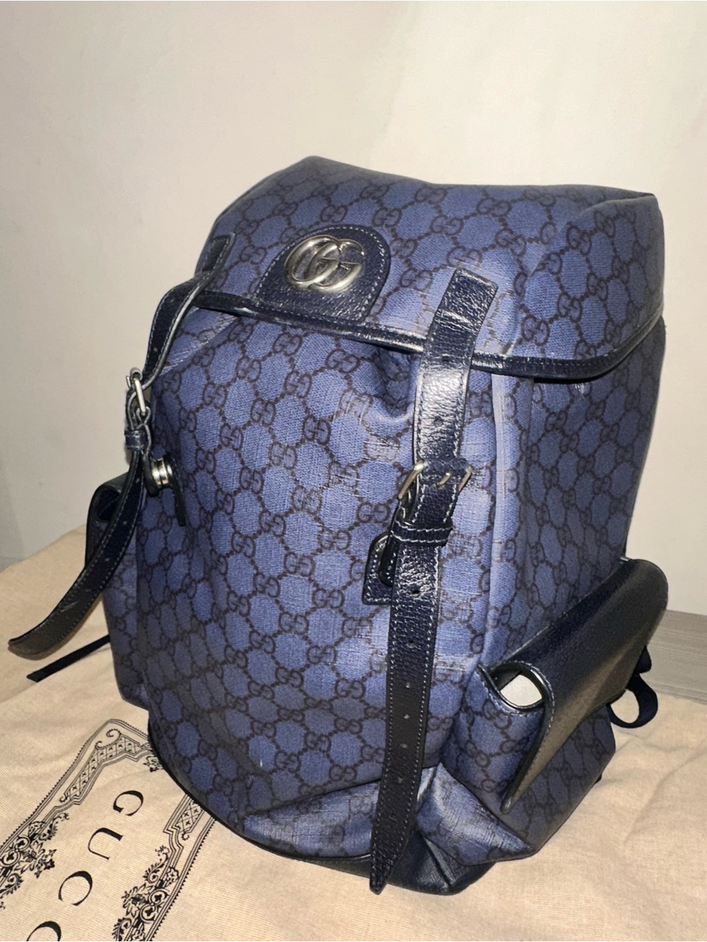 Gucci Blue GG Monogram Leather-Trim Backpack